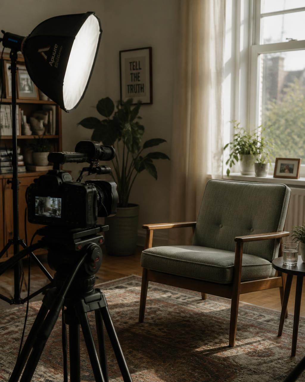 A quiet, ethically staged patient interview setup in a sunlit home